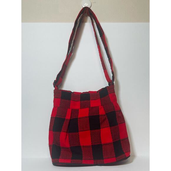 Embroidered CallaLily Flowers Red and Black Plaid Crossbody Bag - Picture 2 of 6